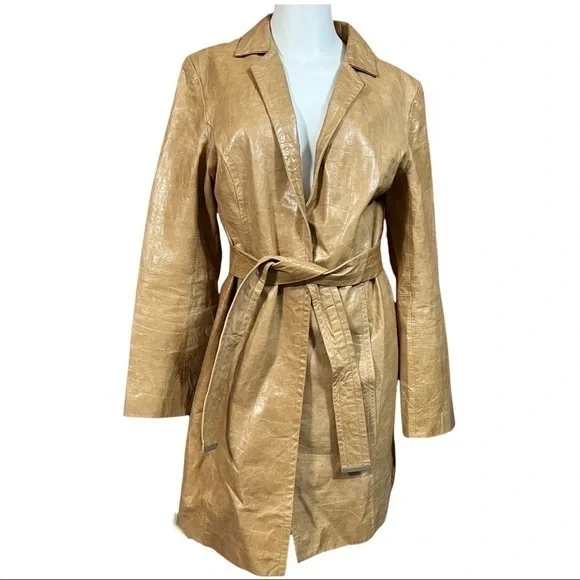 EXPRESS Y2K Vintage Camel Tan Belted Leather Jacket Trench Coat 12